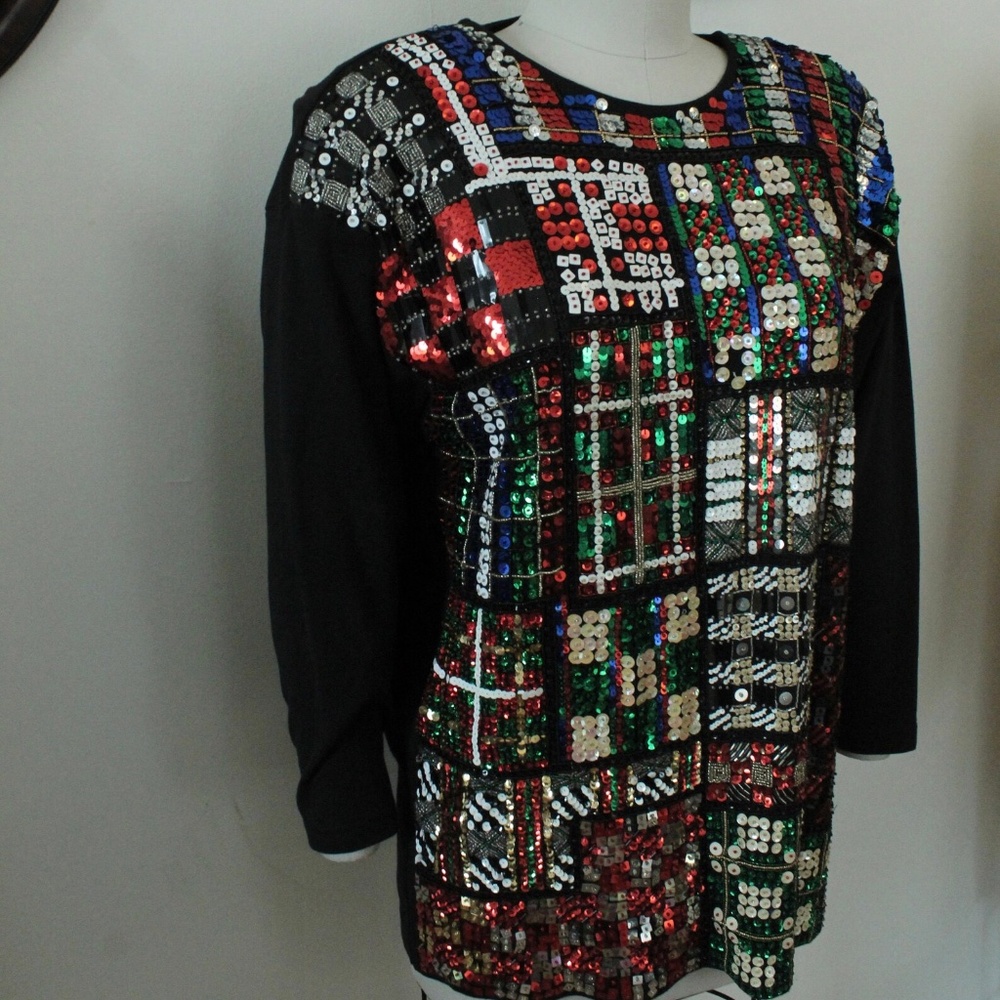 1980's Ugly Christmas Black Cedars Brand Sequinned Oversized Pullover Sweater